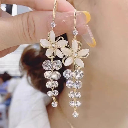 Green Shiny Zircon Flower Drop Earrings For Women Luxury Crystal Long Tassel Ear Line Hanging Earring Girls Wedding Jewelry Gift PlatiNum