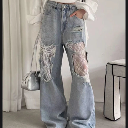 Jeans a Vita Alta e Gamba Larga per Donna, Pantaloni in Denim Estivi con Patchwork in Pizzo e Grandi Fori | Pantaloni Casual Retrò per Donna