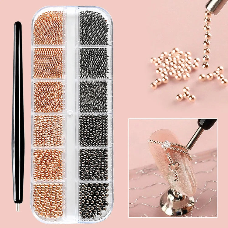 12Grid Metal Micro Caviar Beads Nail Art Charms, Gold Silver Mini Balls, 3D Nail Gem Decor with Magnetic Pen for DIY Nail Decoration