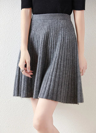 Preppy Style women's 100% Merino Wool Skirts Autumn Winter Pleated Skirt Cashmere Knitwear Short A-Line Above Knee Skirt PlatiNum