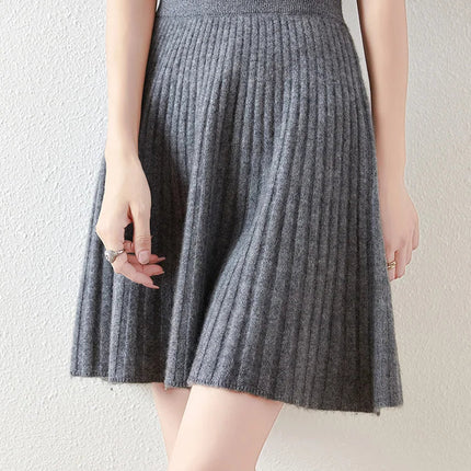 Preppy Style women's 100% Merino Wool Skirts Autumn Winter Pleated Skirt Cashmere Knitwear Short A-Line Above Knee Skirt PlatiNum