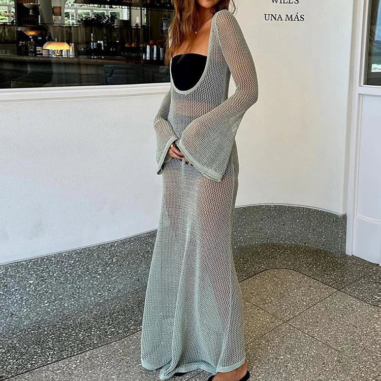 Abito lungo a maniche lunghe senza schienale lavorato a maglia di nuovo stile Abito lungo da donna per le vacanze al mare Copricostume trasparente per protezione solare platinumshop