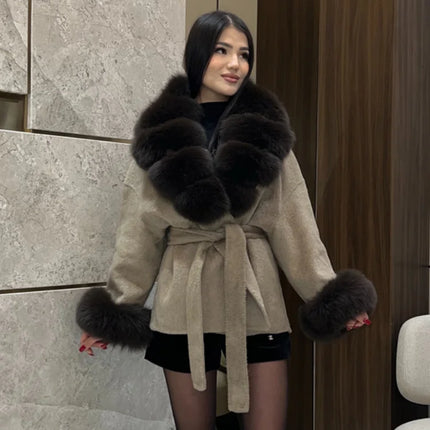 Solid Color Faux Fur Collar Cuff Wool Coat Women Belted Waist Short Jacket 2026 Winter Lady Street Daily Party Casual Outwear