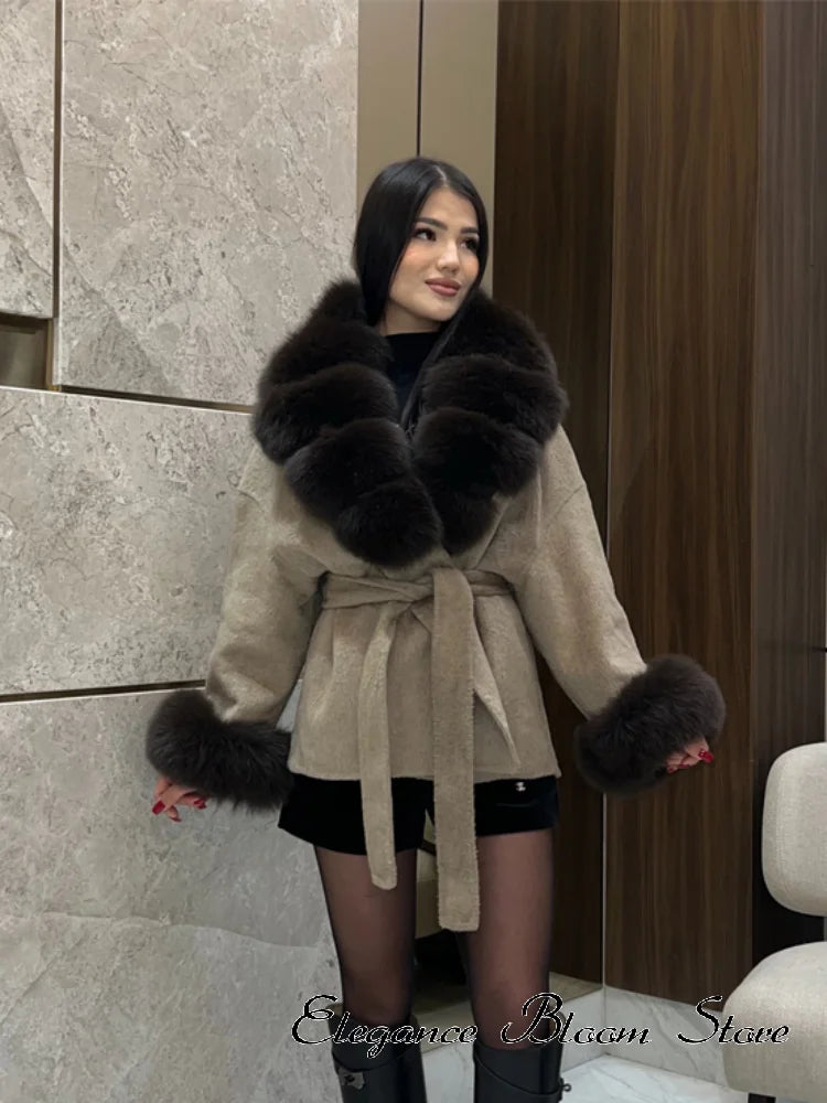 Solid Color Faux Fur Collar Cuff Wool Coat Women Belted Waist Short Jacket 2026 Winter Lady Street Daily Party Casual Outwear