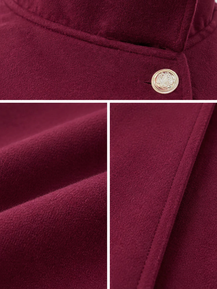 Women's Autumn and Winter Solid Color Elegant Cape with Gold Buttons and Belt Design
