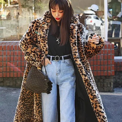ZADORIN Winter Long Fluffy Leopard Print Jacket Women Lapel Warm Faux Fur Coat Women Korean Fashion Loose Fur Jacket Outerwears