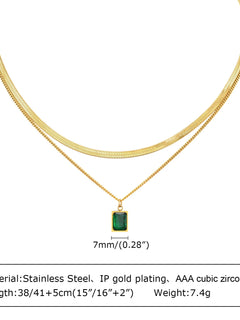 Retro Green Zircon Pendant Necklace For Women, Crystal Stone Chain Stainless Steel Gold Plated Luxury Birthday Gifts