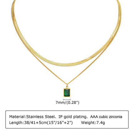 Retro Green Zircon Pendant Necklace For Women, Crystal Stone Chain Stainless Steel Gold Plated Luxury Birthday Gifts PlatiNum