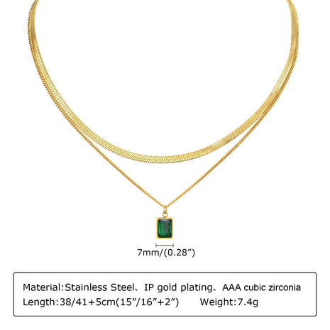 Retro Green Zircon Pendant Necklace For Women, Crystal Stone Chain Stainless Steel Gold Plated Luxury Birthday Gifts PlatiNum