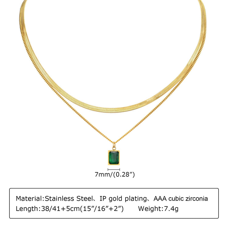 Retro Green Zircon Pendant Necklace For Women, Crystal Stone Chain Stainless Steel Gold Plated Luxury Birthday Gifts PlatiNum