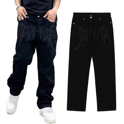 Men Y2K Embroidered High-waisted Straight Baggy Printed Jeans Hip Hop Teenager Boy Streetwear Skateboard Casual denim Trousers PlatiNum