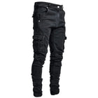 Street Elastic Jeans Men Denim Cargo Pants Wash Solid Color Multi Pockets Casual Mid Waist Trousers Slim Fit Daily Wear Joggers PlatiNum