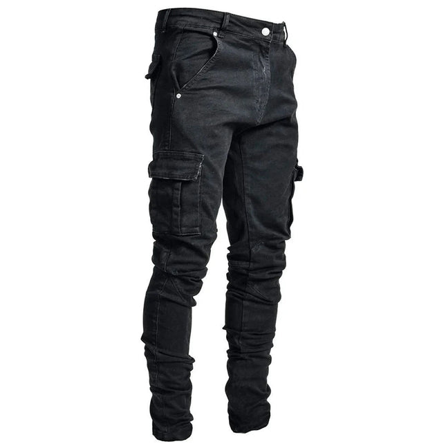 Street Elastic Jeans Men Denim Cargo Pants Wash Solid Color Multi Pockets Casual Mid Waist Trousers Slim Fit Daily Wear Joggers PlatiNum