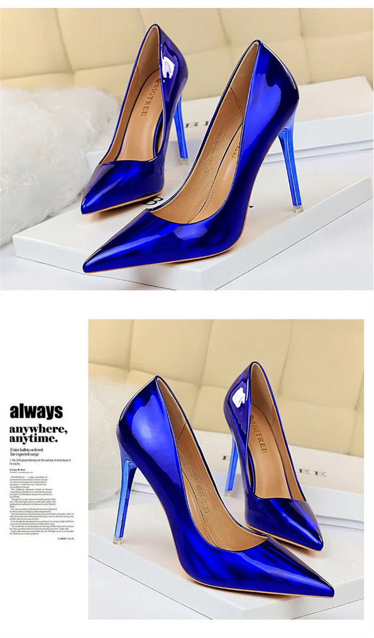 Tacchi alti da donna Blu Verde Décolleté di San Valentino Lusso lucido Stiletto Matrimonio Nuziale Discoteca Moda Semplice Colore solido 1829-2
