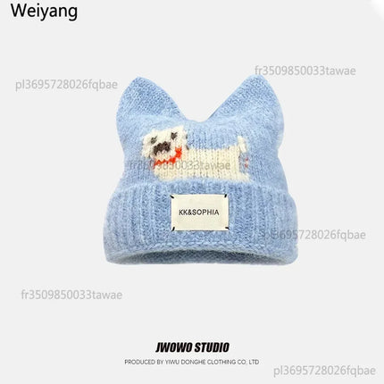 Cute Cartoon Kitten Ear Woolen Cap for Women Warm Cold-proof Autumn Winter Puppy Pattern Knitted Hat Fashion Sweet Crochet hats