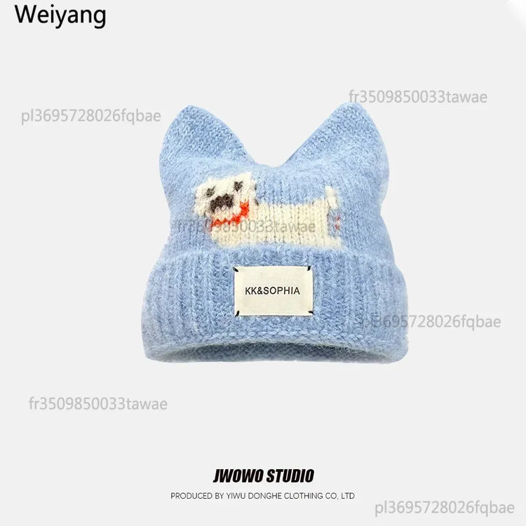 Cute Cartoon Kitten Ear Woolen Cap for Women Warm Cold-proof Autumn Winter Puppy Pattern Knitted Hat Fashion Sweet Crochet hats
