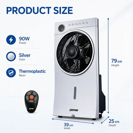 Ventilatore Evaporativo ZEPHIR 90W con Nebulizzatore, Serbatoio da 2,5L, 3 Velocità, Telecomando, Raffrescatore d'Aria