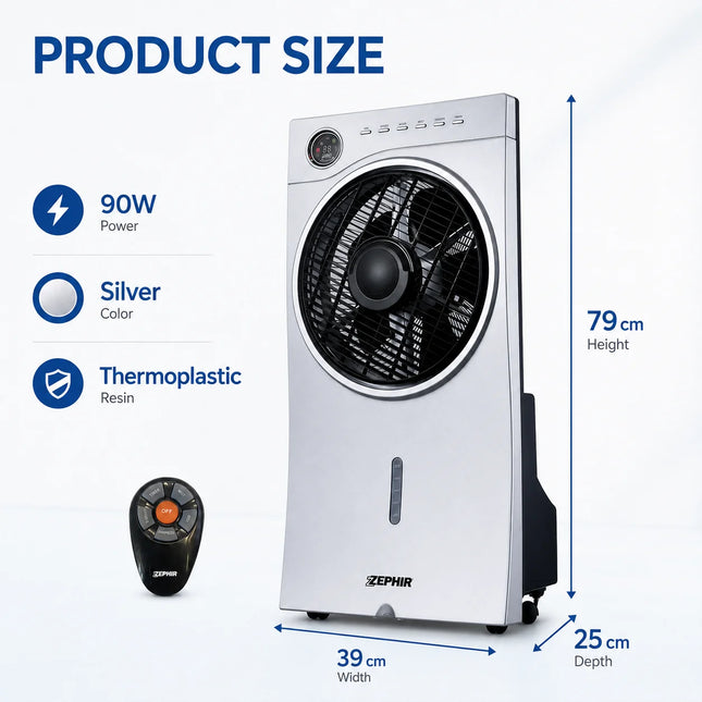 Ventilatore Evaporativo ZEPHIR 90W con Nebulizzatore, Serbatoio da 2,5L, 3 Velocità, Telecomando, Raffrescatore d'Aria