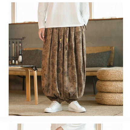 Pantaloni di alta qualità per uomo stile cinese fiore scuro velluto a coste Bloomers casual elastico in vita moda pantaloni larghi a gamba larga maschile