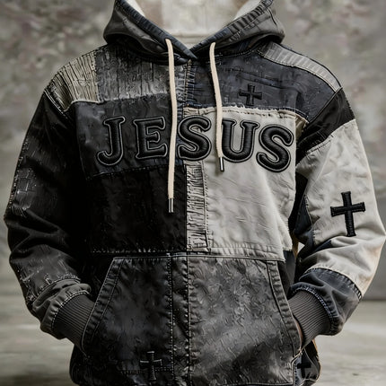 Mens Multi Color Patchwork Hoodie Soft Lined Raised Embroidery Slogan Small Cross Accent Minimal Casual Sweat Top