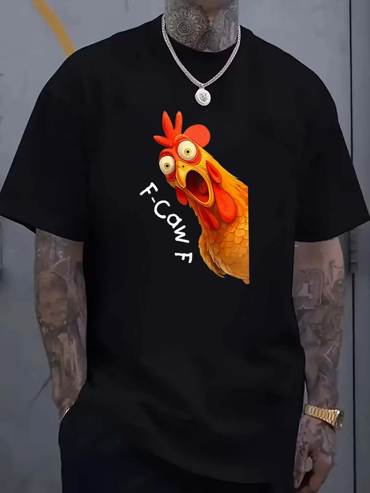 T-shirt estiva casual da uomo a maniche corte in cotone con divertente stampa con motivo gallo, adatta per abbigliamento da esterno e da casa, stile unisex