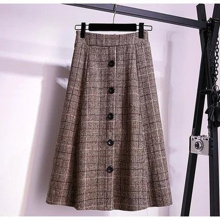 Large Size Women's Autumn Winter Elastic Waist A-line Skirt Woman Skirts Faldas Jupe Korean Retro Plaid Mid-Long Skirts Size 4XL PlatiNum
