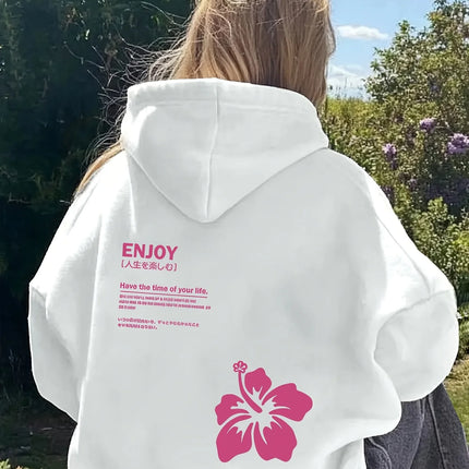 Ladies' Spring and Autumn Winter Hoodie Top, Healing Atmosphere, Fusang Flower Slogan Print, Daily Street Turnover Rate Full