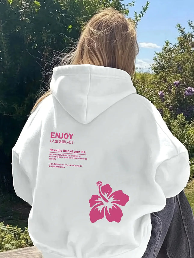 Ladies' Spring and Autumn Winter Hoodie Top, Healing Atmosphere, Fusang Flower Slogan Print, Daily Street Turnover Rate Full