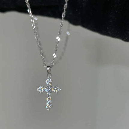 Shiny Crystal Zircon Cross Pendant Necklace for Women Girls Punk Silver Color Thin Chain Necklace Party Jewelry Birthday Gift PlatiNum