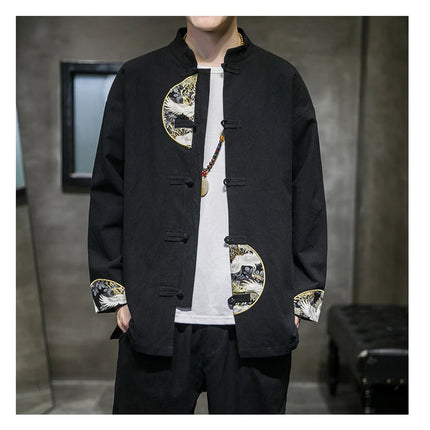 Camicie da uomo ricamate 2026 primavera stile cinese retrò colletto alla coreana giacca in cotone e lino cardigan da uomo Kungfu allentato casual Top