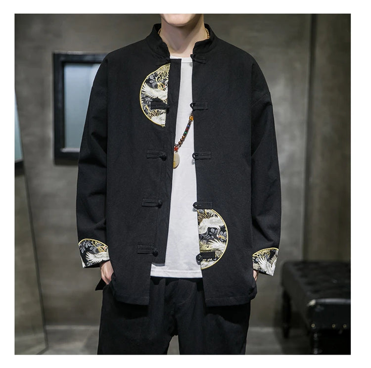 Camicie da uomo ricamate 2026 primavera stile cinese retrò colletto alla coreana giacca in cotone e lino cardigan da uomo Kungfu allentato casual Top