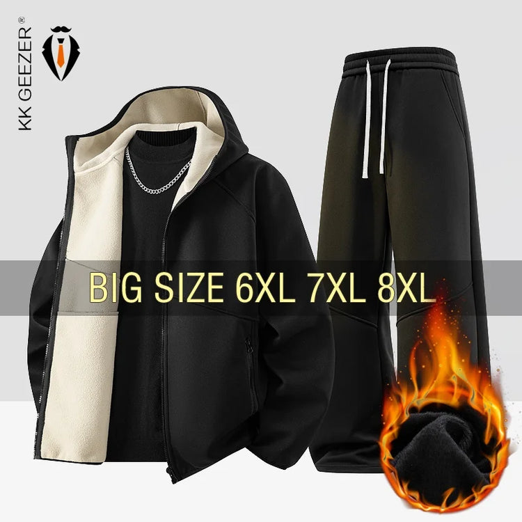 Men's Sweatshirt Set Fleece Jacket Sweatpants 2 Piece Hooded Oversize 6XL 7XL 8XL Tracksuit Winter Warm Zip Outfit Thick Thermal