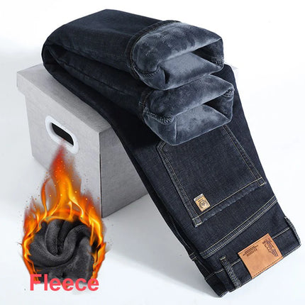 2026 New Jeans Brand Autumn Winter Jeans Warm Flocking Warm Soft Men Activities Warm Fleece Pants Men Jeans Black Blue Colors