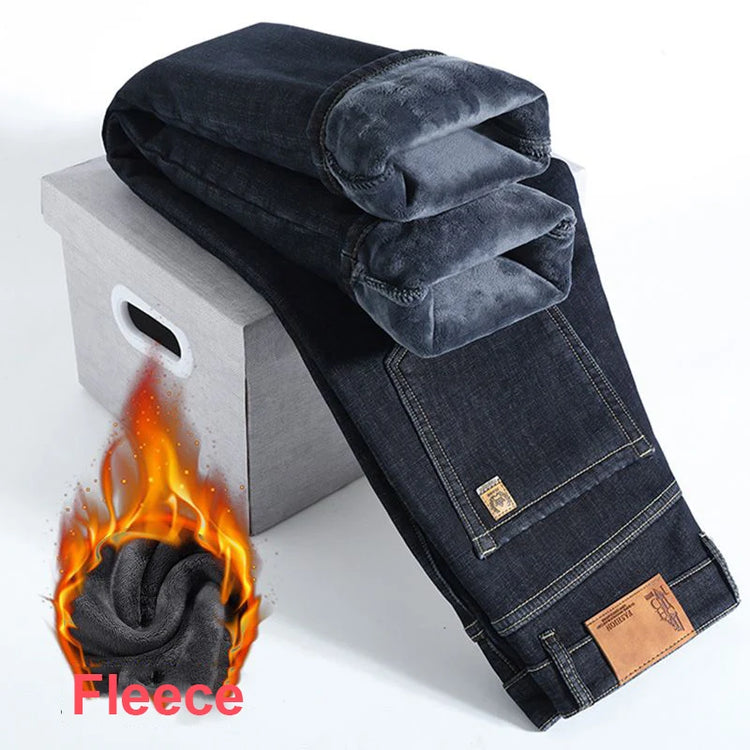 2026 New Jeans Brand Autumn Winter Jeans Warm Flocking Warm Soft Men Activities Warm Fleece Pants Men Jeans Black Blue Colors