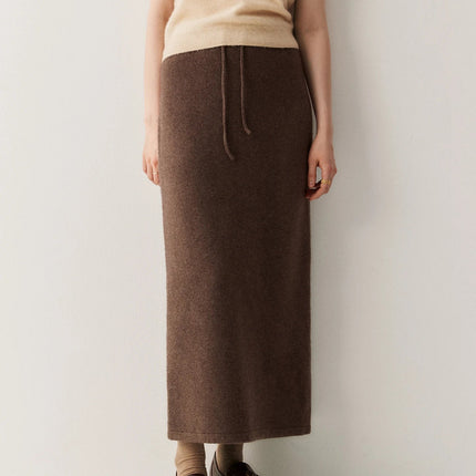 Women Pure Cashmere Long Skirts Autumn Winter Straight Ankle Length Thick Skirts 100% Cashmere Knit Drawstring and Split Skirts PlatiNum