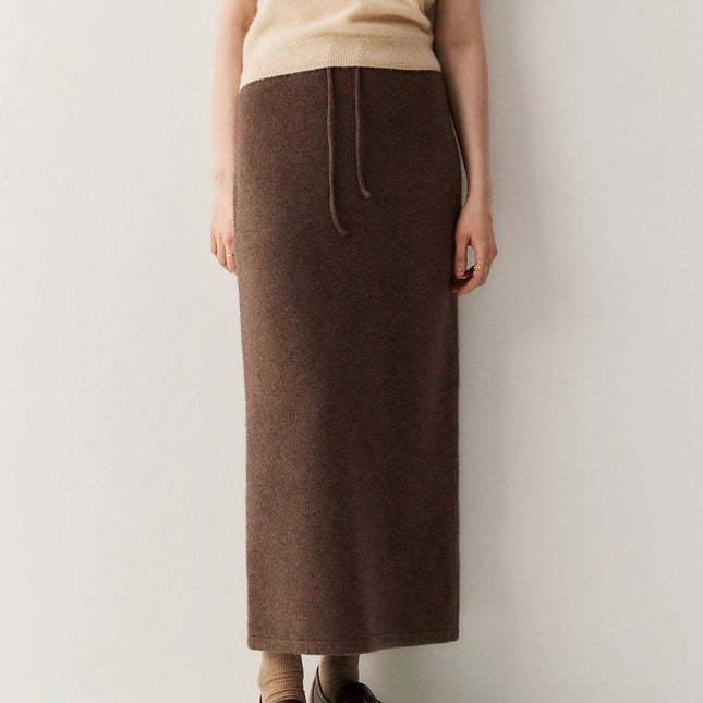 Women Pure Cashmere Long Skirts Autumn Winter Straight Ankle Length Thick Skirts 100% Cashmere Knit Drawstring and Split Skirts PlatiNum