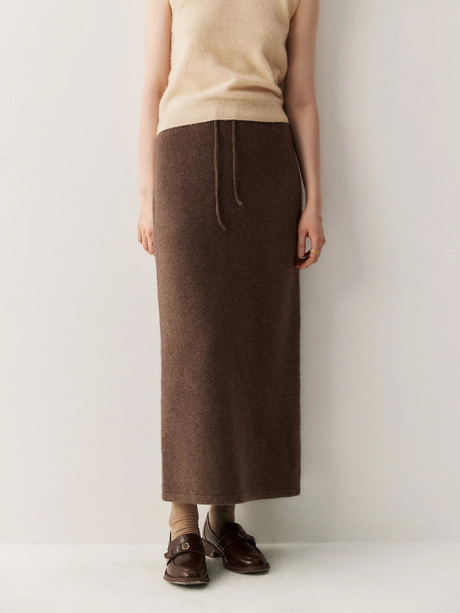 Women Pure Cashmere Long Skirts Autumn Winter Straight Ankle Length Thick Skirts 100% Cashmere Knit Drawstring and Split Skirts PlatiNum