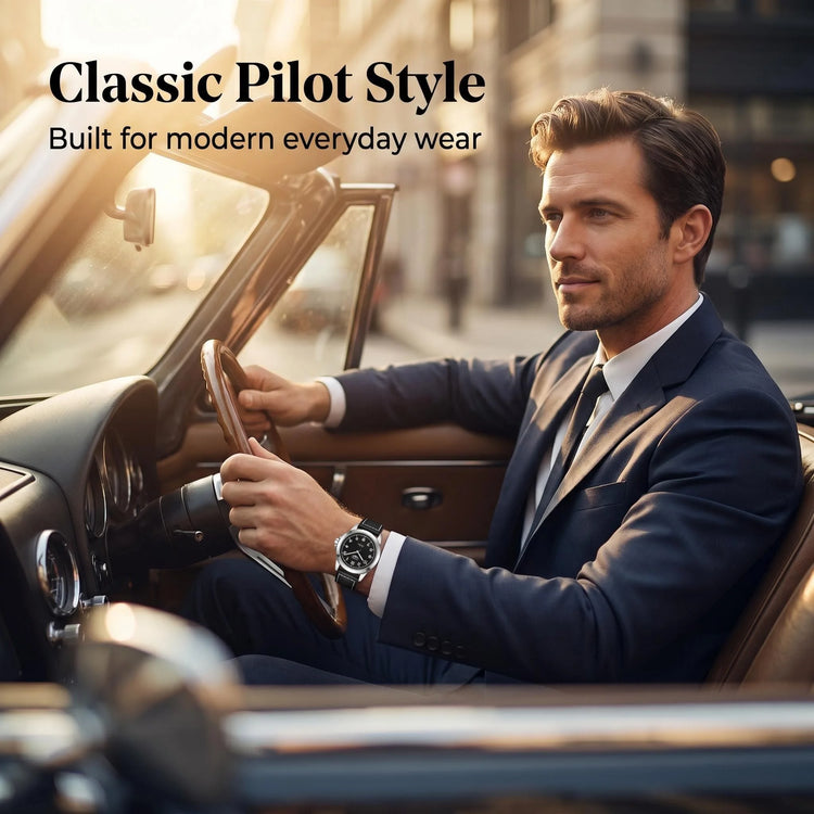 LONGLUX Men Automatic Watch Vintage Pilot Business Classic Military Mechanical Watches Date Waterproof Luminous Leather Gift
