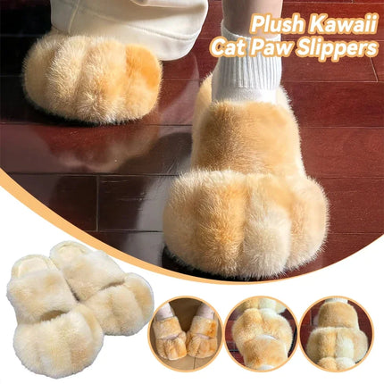 Women Kawaii Furry Cat Paw Slippers, Imitation Fur Fluffy Plush Warm Home Shoes, Comfort Flat Heel Cute Cat Slippers for Bedroom Indoor Daily Wear