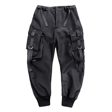 Hip Hop Tactical Cargo Pants Men Multi Pocket Ribbon Design Joggers Trousers 2023 Spring Functional Elastic Waist Pant Black