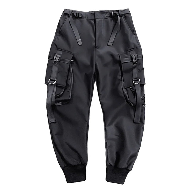 Hip Hop Tactical Cargo Pants Men Multi Pocket Ribbon Design Joggers Trousers 2023 Spring Functional Elastic Waist Pant Black