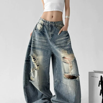 Jeans Larghi da Donna Stile High Street, Denim Distressed, Moda Primavera 2026, Nuovi Arrivi, Pantaloni Lunghi
