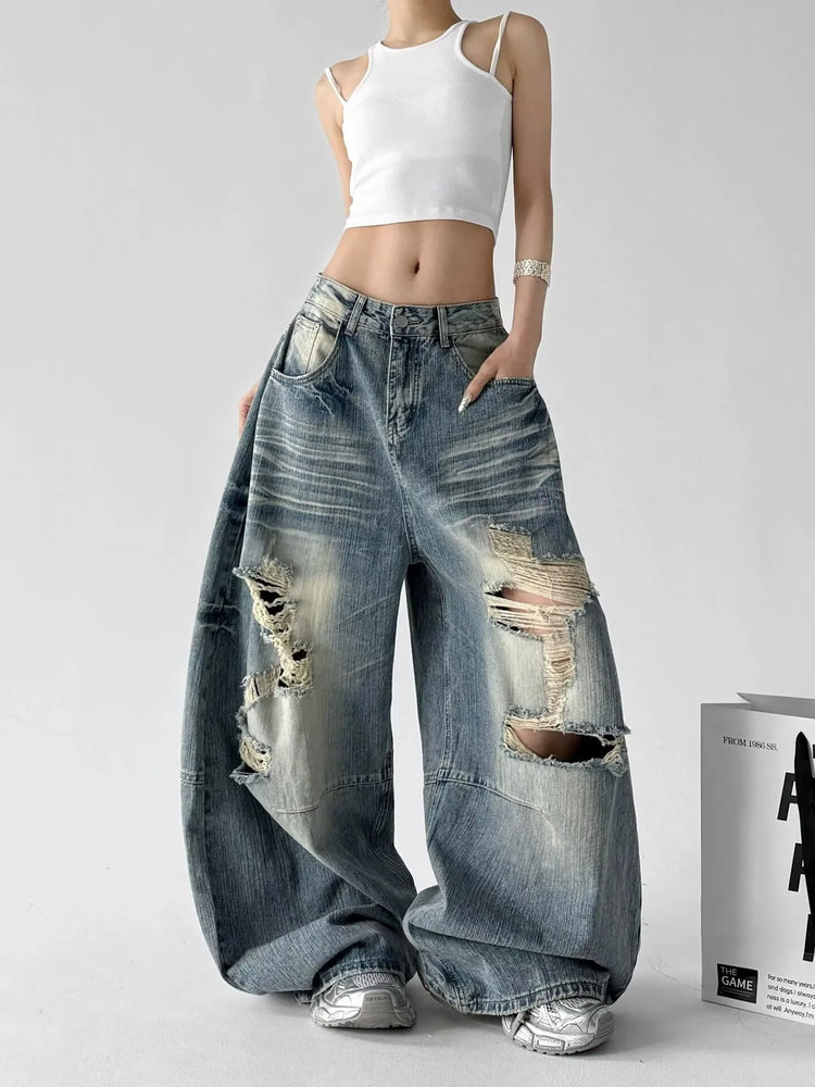 Jeans Larghi da Donna Stile High Street, Denim Distressed, Moda Primavera 2026, Nuovi Arrivi, Pantaloni Lunghi
