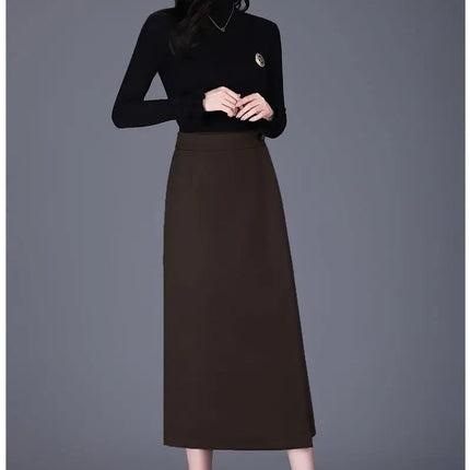 Women's Woolen Autumn and Winter New Style Elegant One-piece Unique and Stylish Straight Tube Slit Hugging Skirt PlatiNum