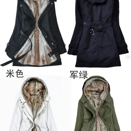 3 in 1 Winter Coat Women's Hooded Windbreaker Furry Inner Jacket Thick Warm Mid Length Parka Casual Fashion Cold Outerwear