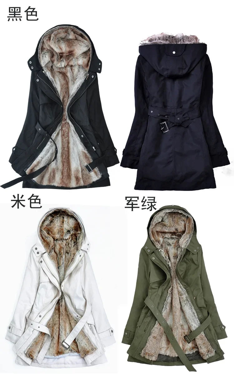 3 in 1 Winter Coat Women's Hooded Windbreaker Furry Inner Jacket Thick Warm Mid Length Parka Casual Fashion Cold Outerwear