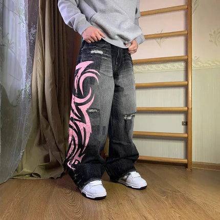 Y2K Jeans larghi con stampa totem screziati vintage americano Jeans da donna a vita alta a gamba larga Jeans hip-hop alla moda da donna
