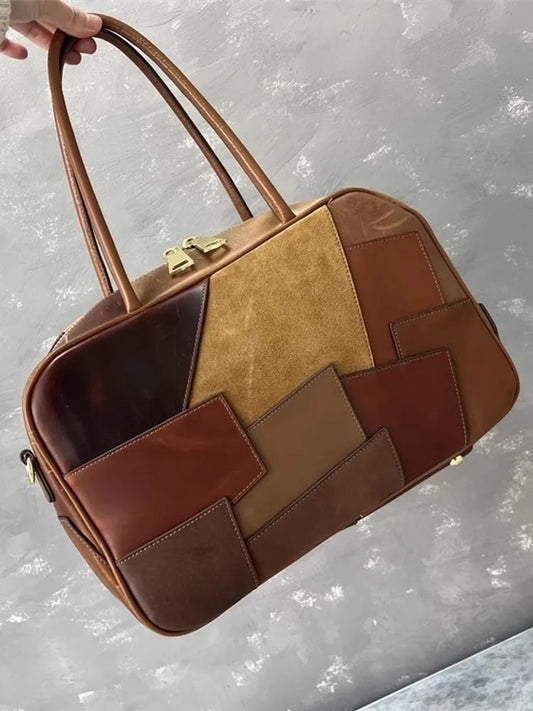 Women Retro Bowling Handbag Tote Zipper Panelled Bag Office Splicing Large Capacity Cowhide Genuine Leather Single Shoulder Bags