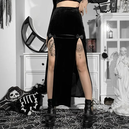 Damen-Punk-Rock-Stil-Rock, neuartiger eleganter langer Rock für Halloween und Festivals, hohe Taille, schlanke Passform, mit sexy Schleife und seitlichem Schlitz, Knielang