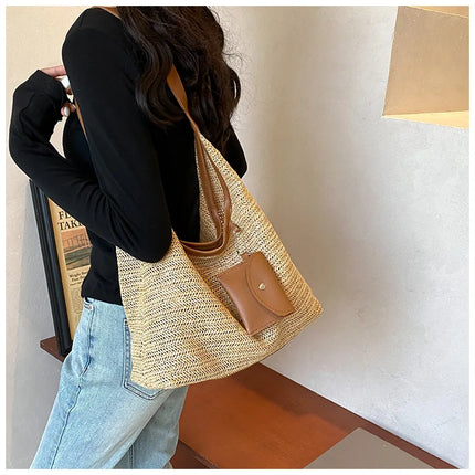 Hand-Woven Large Capacity Tote Bag for Women, Fashionable Commuter Bag, INS Style, Beach Bag for Daily Travel